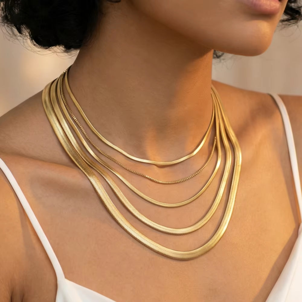 Minimalist Unisex Snake Choker Chain Necklace Stainless Steel Herringbone Gold Plated Boho Vintage Jewelry Gift for Women Men